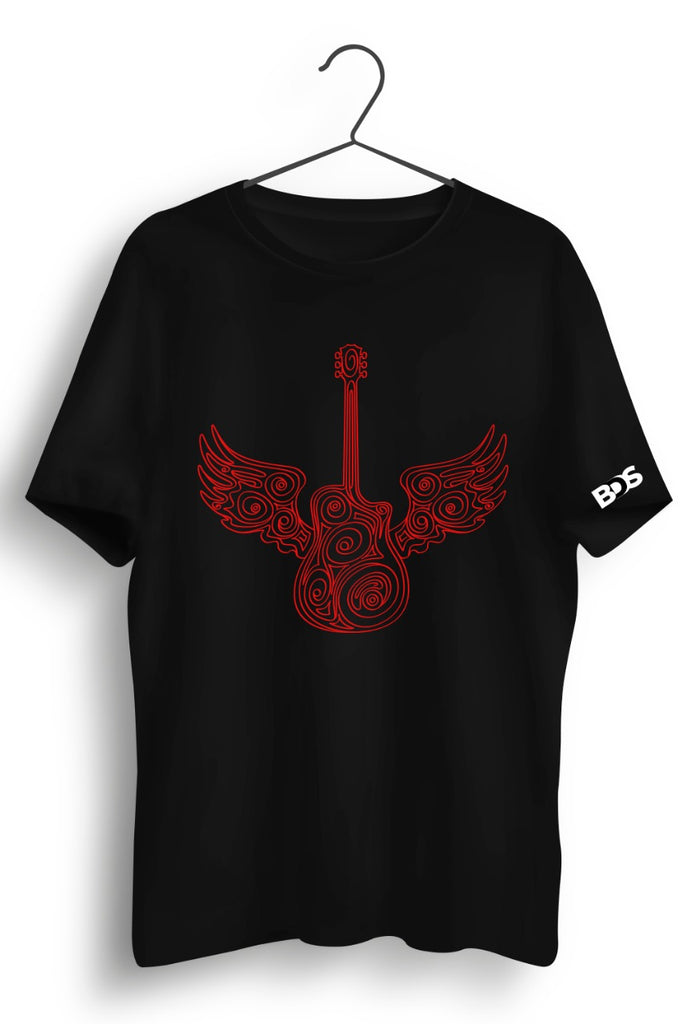 Guitar Wings Red Graphic Printed Black Tshirt