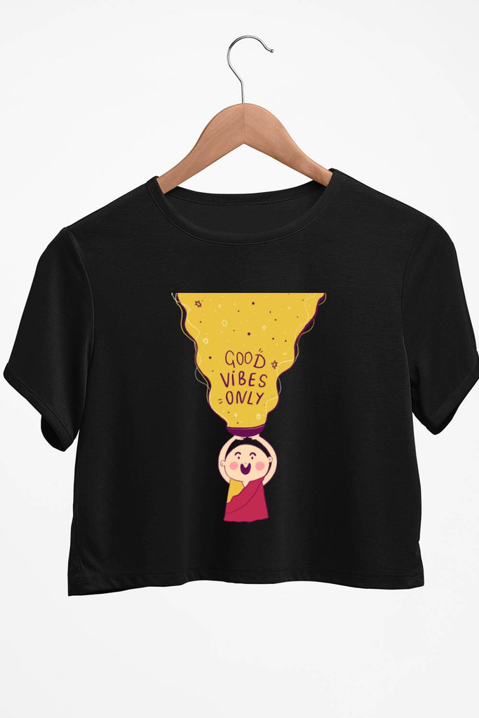 Meditating Monk Graphic Printed Black Crop Top