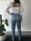 White Corset Double Balloon Sleeve Crop Top