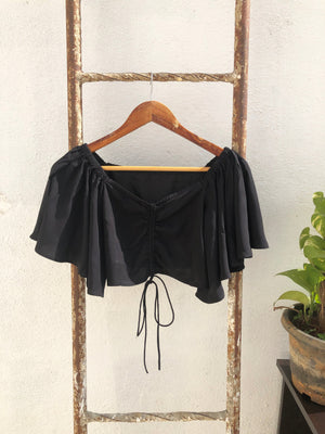 Ruched Square Neck Flared Sleeves Crop Top