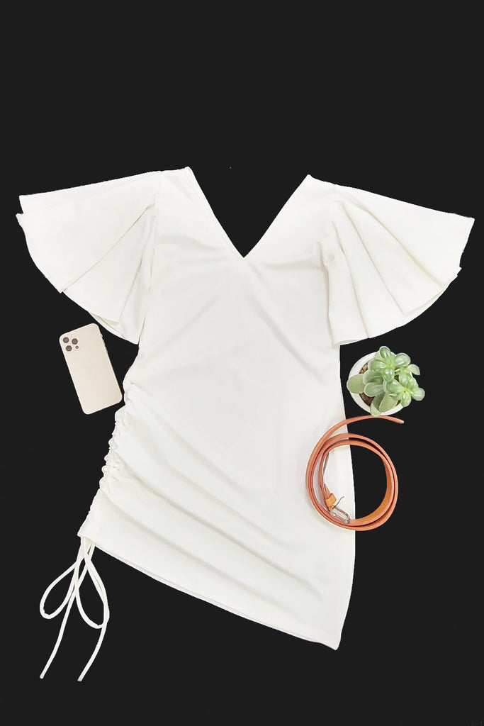 Assymetrical Style Bodycon White Dress with Ruched Effect