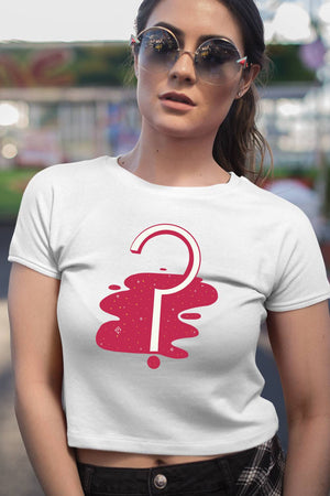 Question Graphic Printed White Crop Top