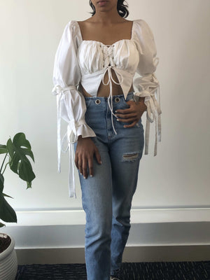 White Corset Double Balloon Sleeve Crop Top